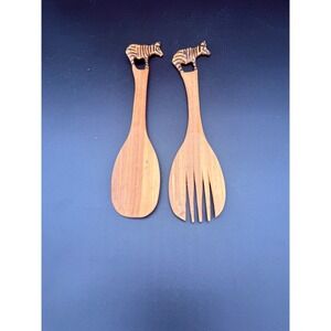 Hand Carved Wooden Zebra Salad Server Set 2 Piece Serving Spoon and Fork Animal